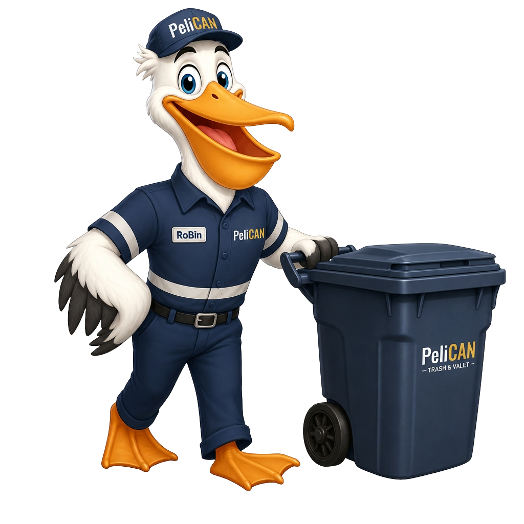 RoBin, the PeliCAN Valet mascot, wheeling a residential trash bin