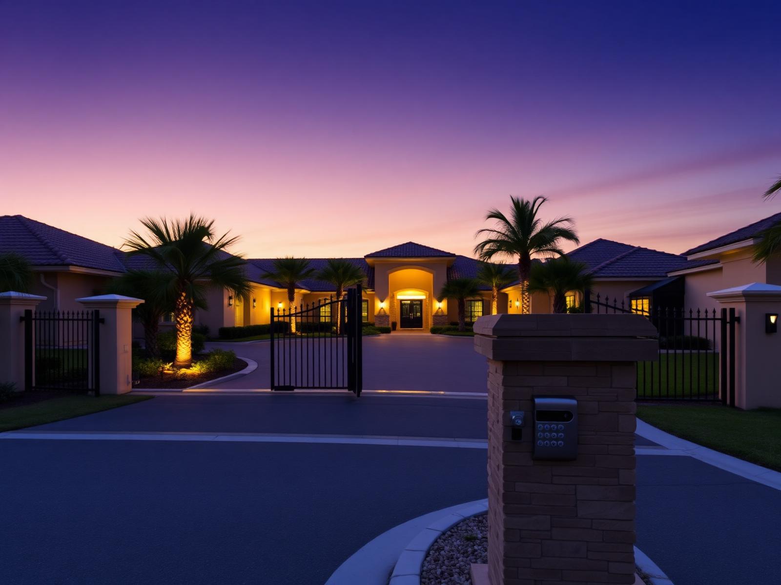 Gated Florida community at dusk